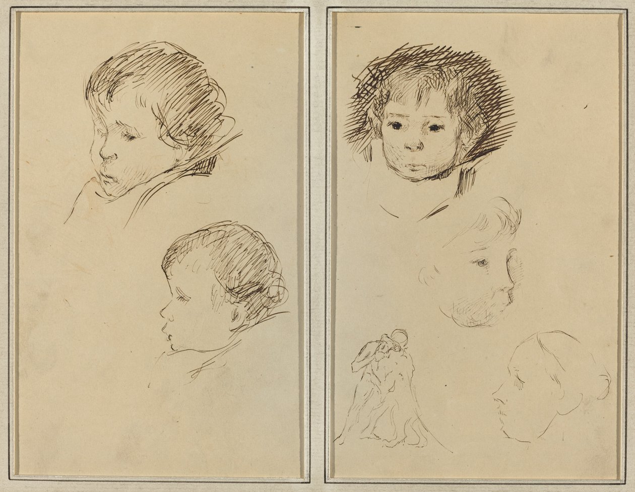 Twee Studies van een Kinderhoofd; Twee Studies van een Kinderhoofd, een Vrouw in Profiel, en een Man die een Dier Worstelt door Paul Gauguin