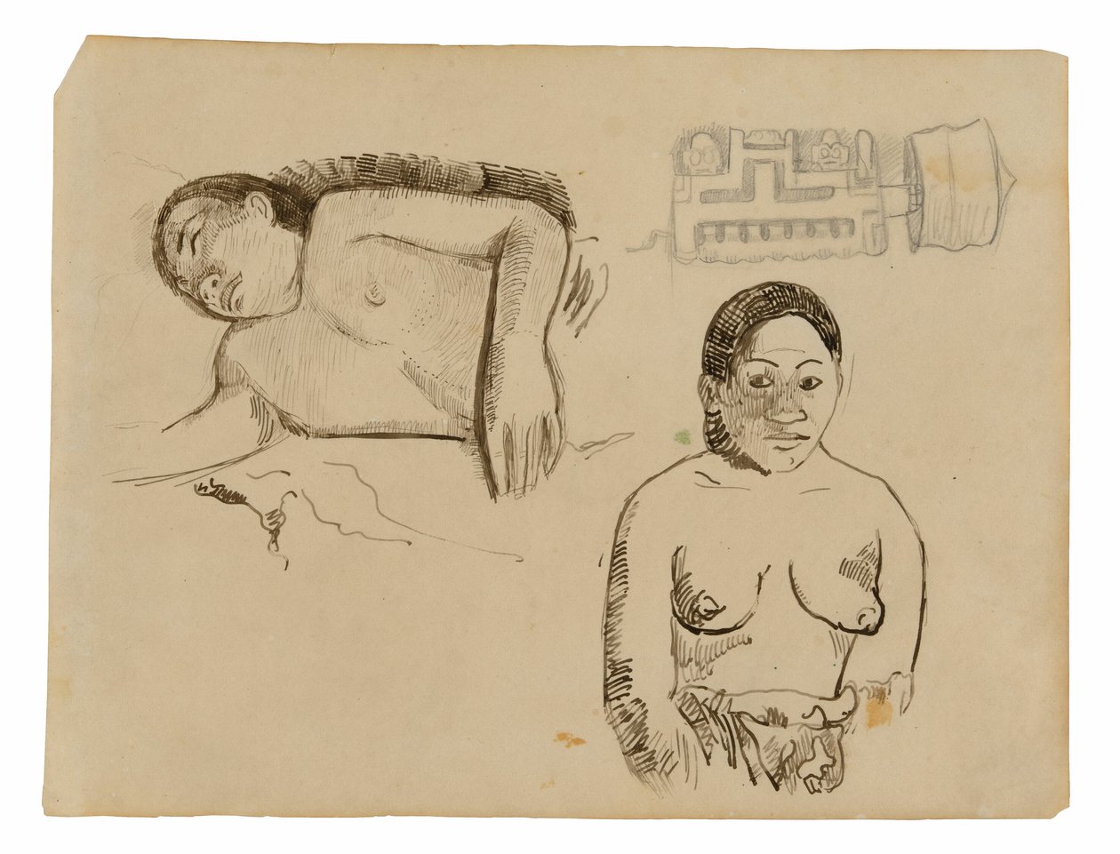 Twee Tahitiaanse vrouwen en een Markiezenoordopje door Paul Gauguin