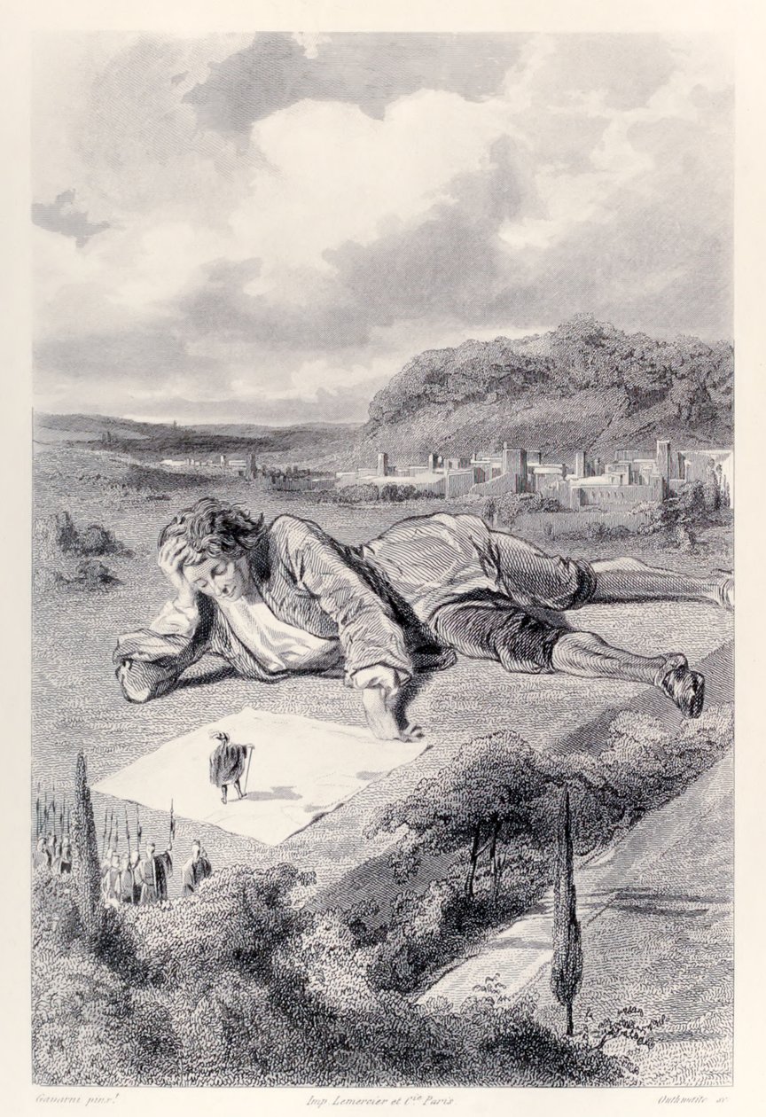 Gulliver heeft een audiëntie bij de keizer van Lilliput, uit de Franse editie van Gullivers Reizen door Jonathan Swift door Paul Gavarni