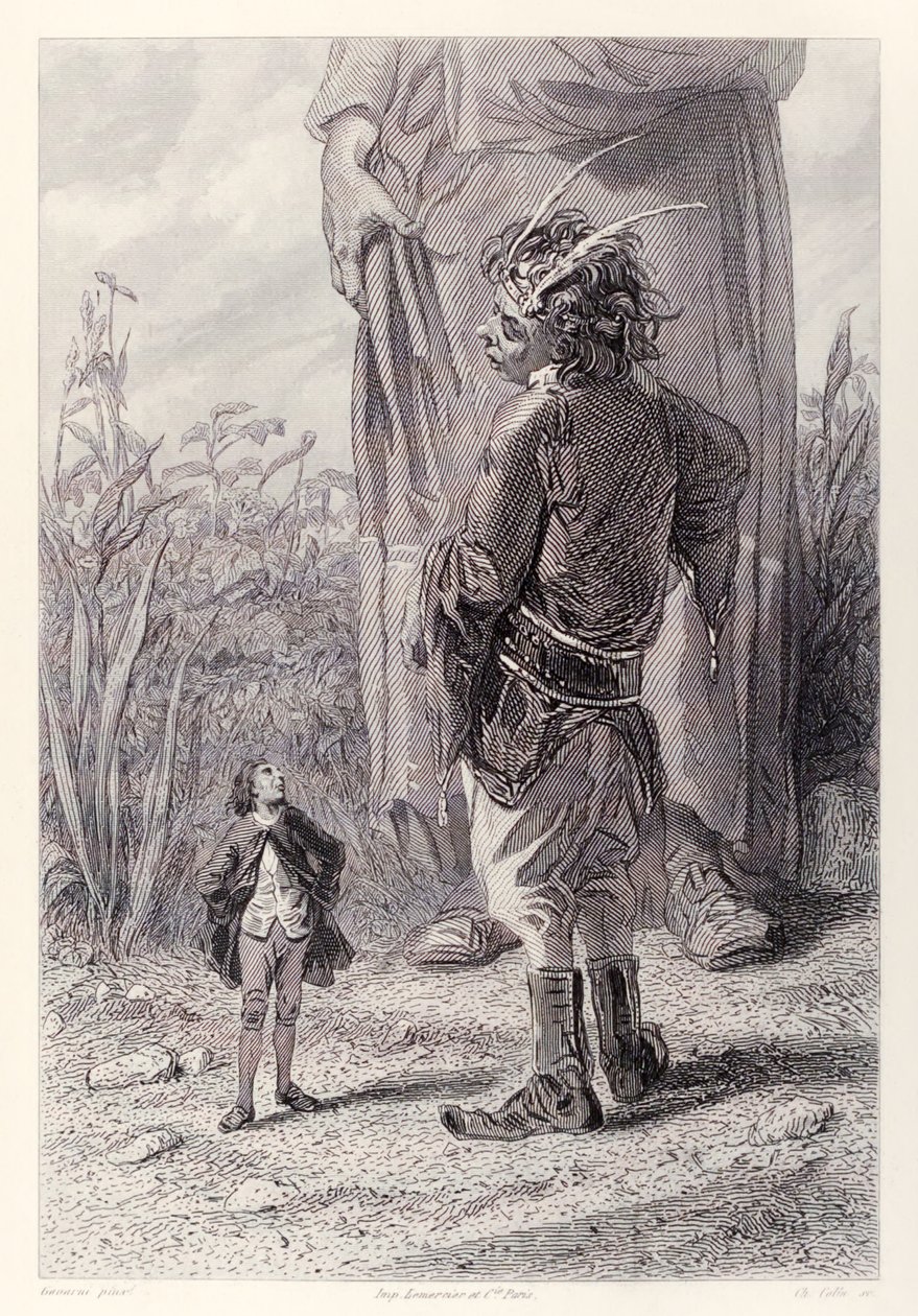 Gulliver ontmoet de 30 voet lange dwerg van de koningin die verheugd is iemand in het hof te hebben die kleiner is dan hij om te kwellen, uit de Franse editie van Gullivers Reizen door Jonathan Swift door Paul Gavarni