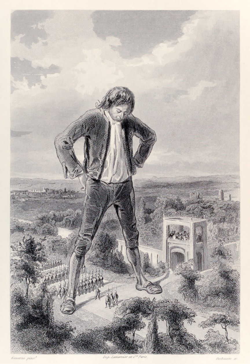 Het Lilliputische leger marcheert tussen de benen van Gulliver, uit de Franse editie van Gullivers Reizen door Jonathan Swift door Paul Gavarni