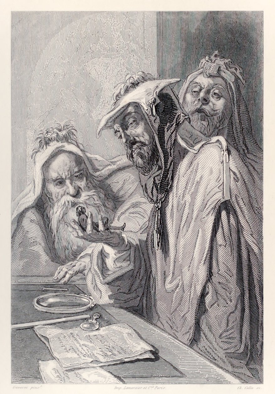 De wetenschappers van Lordbruldrud onderzoeken Gulliver, uit de Franse editie van Gullivers Reizen door Jonathan Swift door Paul Gavarni
