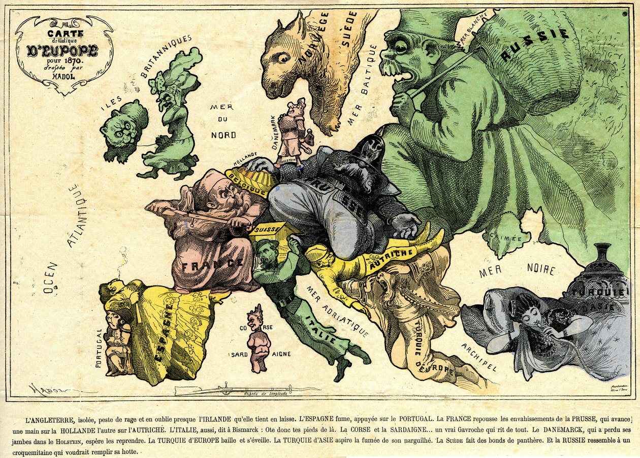 Drolatische kaart van Europa voor 1870 door Paul Hadol