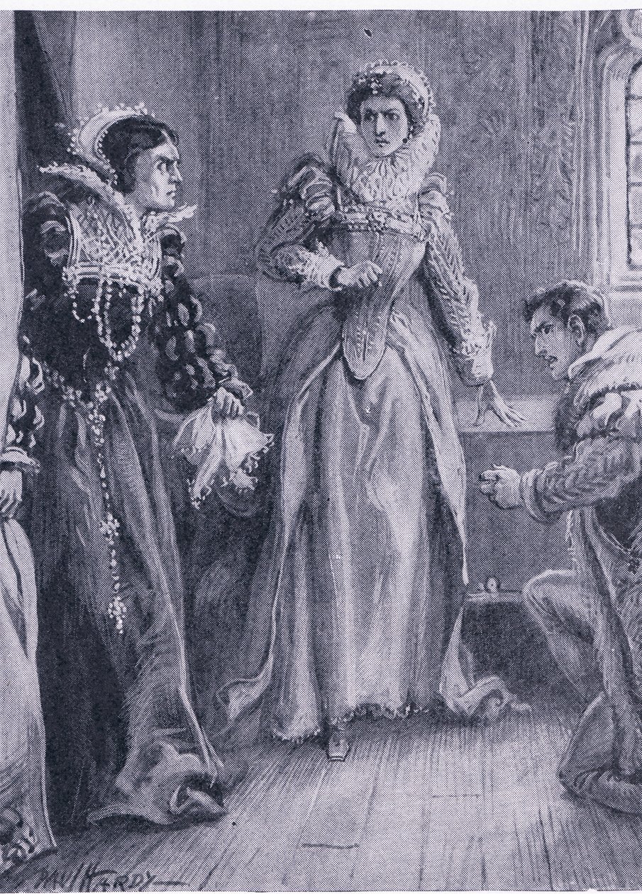 Koningin Mary Elizabeth en Courtenay Ik zal die vraag beantwoorden riep Mary terwijl ze de Arras opzij schoof, illustratie uit De Wereldbibliotheek van Beste Boeken, ca. 1940 door Paul Hardy