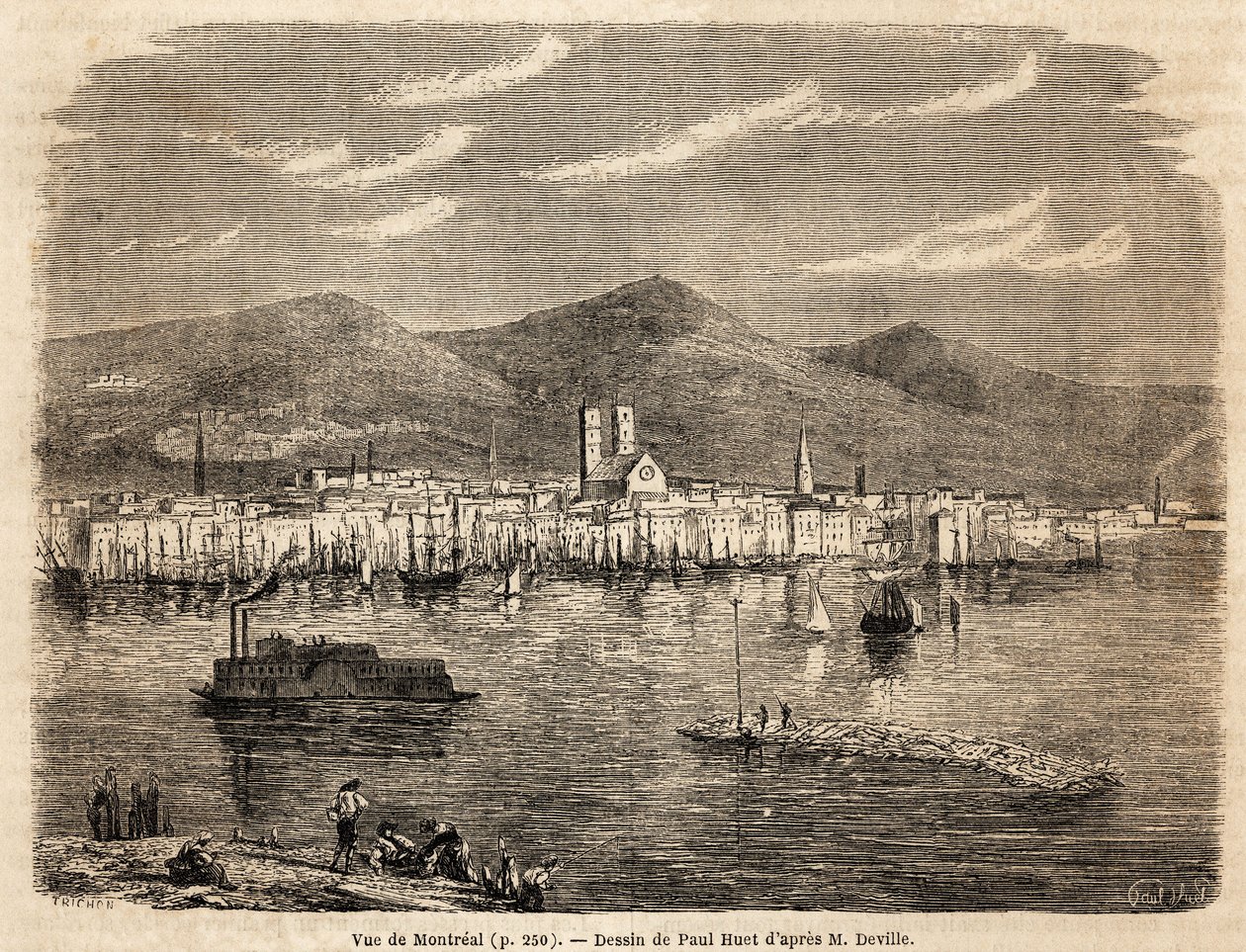 Zicht op Montreal, tekening door Paul Huet (1803-1869), ter illustratie van de reizen naar Noord-Amerika in 1854-1855, door L. Deville. Gravure in 