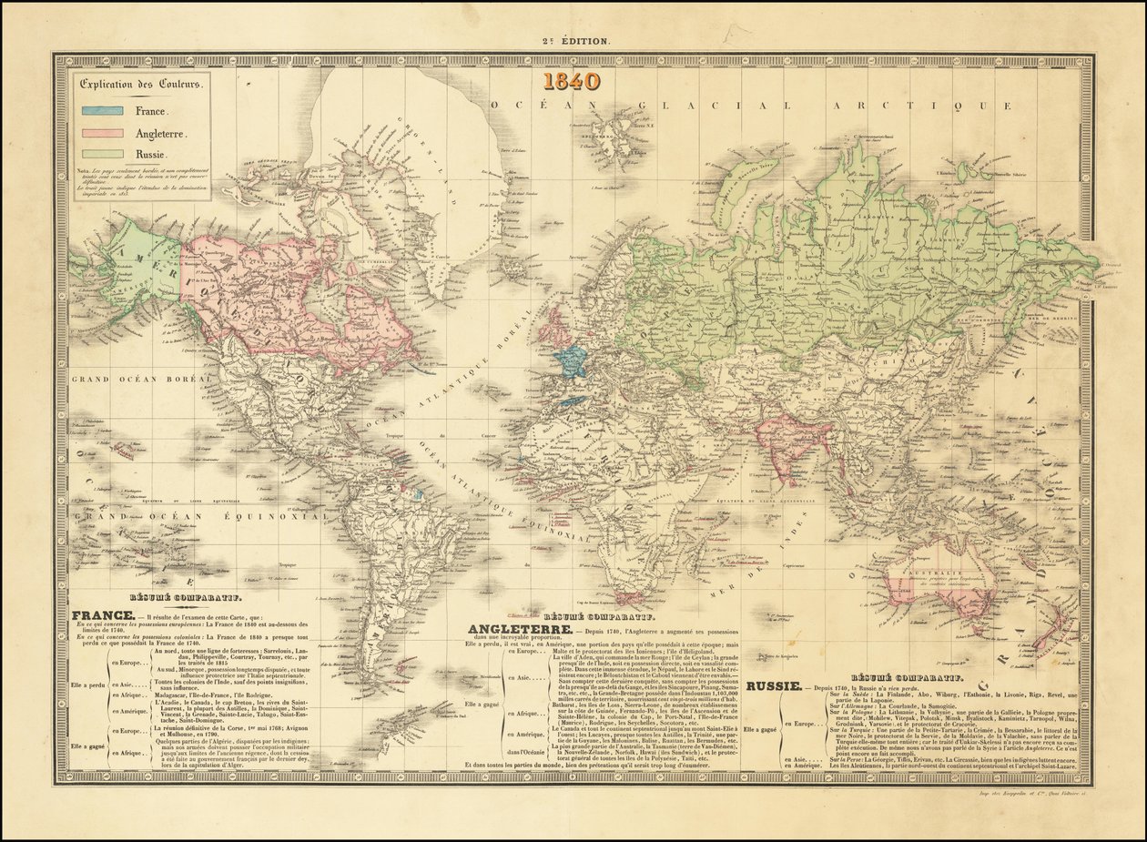 Franse wereldkaart uit 1840 met daarop de gebieden van het Britse, Franse en Russische Rijk door Paul Kaeppelin
