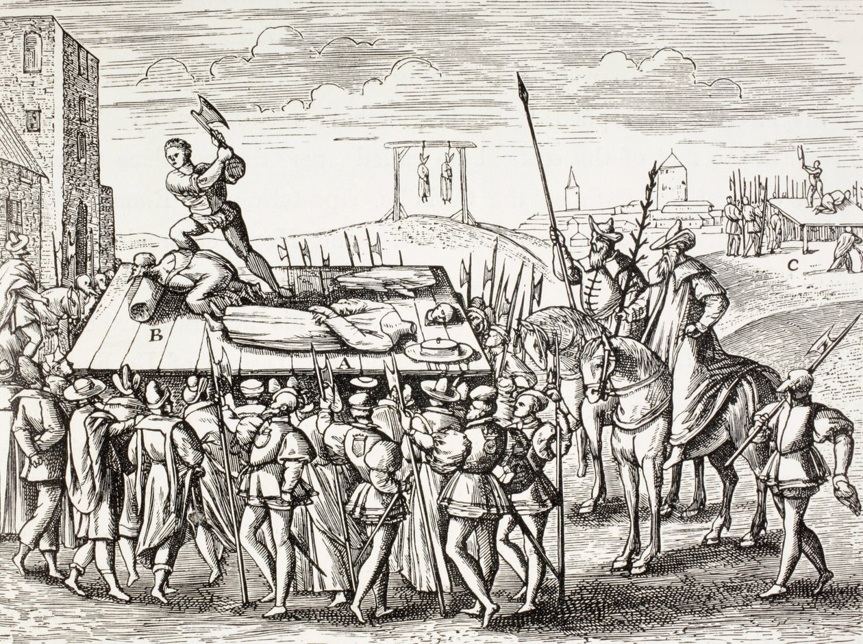 16e eeuwse propaganda ter illustratie van straffen die koning Hendrik Viii had uitgevaardigd tegen Engelse katholieken. door Paul Lacroix