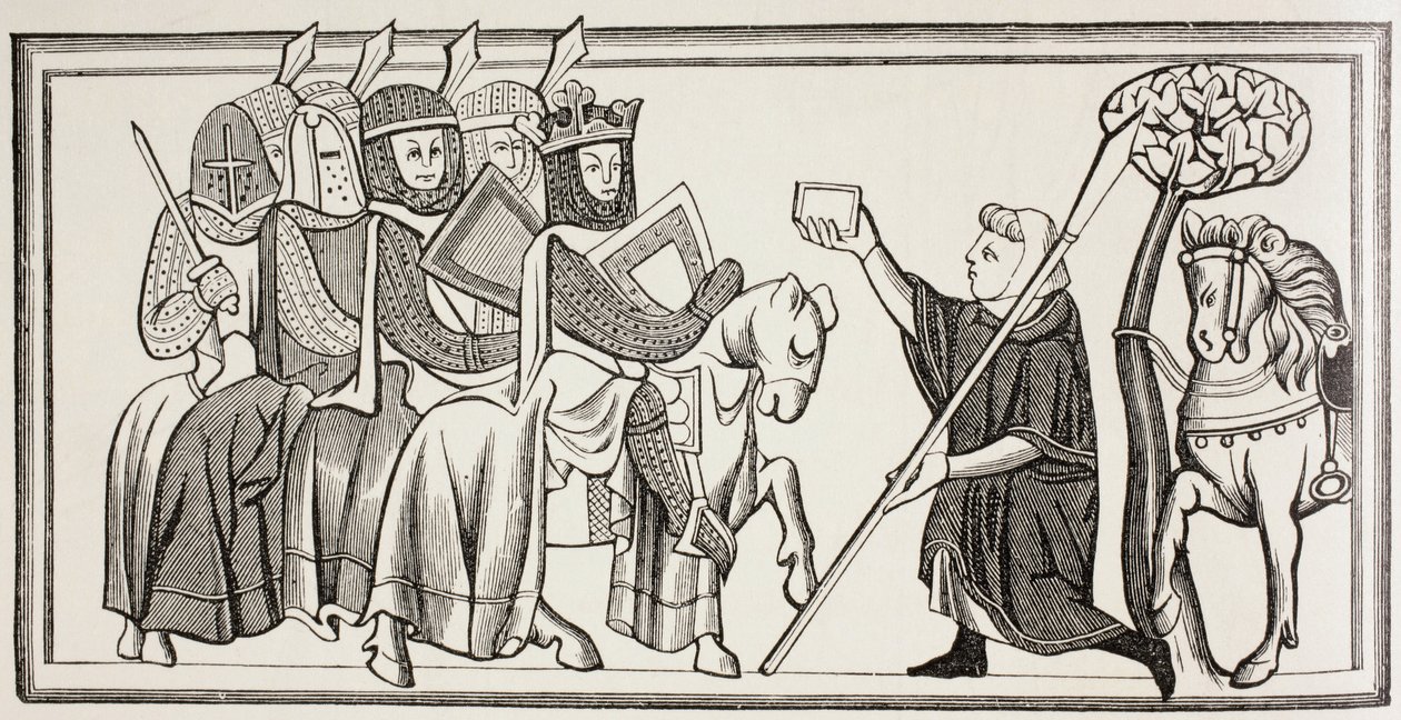 Een boodschapper arriveert met een boodschap voor een koning die aan het hoofd van zijn leger staat. Naar een illustratie in een 13e eeuwse Ms. door Paul Lacroix