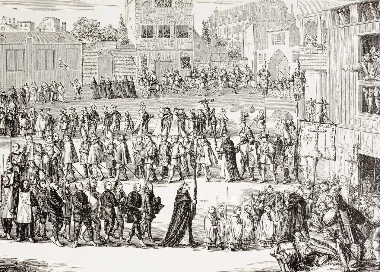 Een Auto-Da-Fe, of geloofsdaad, processie in Spanje. Naar een 15e-eeuwse gravure. door Paul Lacroix