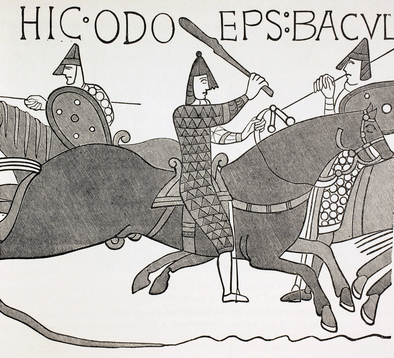 Bisschop Edues houdt zijn ambtsstok vast en moedigt de soldaten van de hertog van Normandië aan tijdens de slag om Hastings. Naar een detail in het Tapijt van Bayeux. door Paul Lacroix