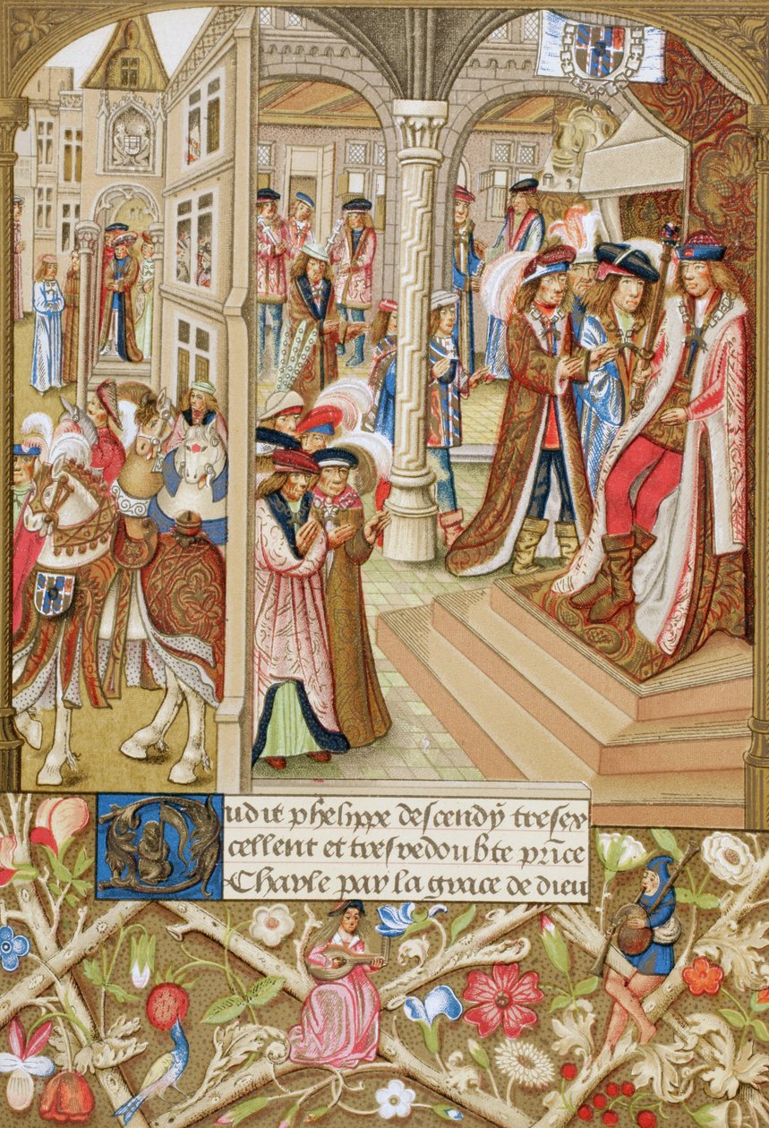 Karel de Stoute, hertog van Bourgondië, 1433-1477, gezeten op zijn troon en bijgestaan door zijn baronnen en raadsheren. Naar een 15e eeuws manuscript, verkorte Kronieken van Bourgondië. door Paul Lacroix