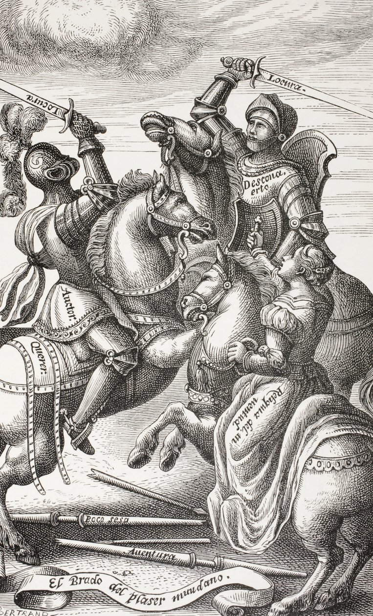 Ridderschap voorgesteld door allegorische figuren. Vechtende ridders te paard. Naar een 16e eeuwse koperplaat. door Paul Lacroix
