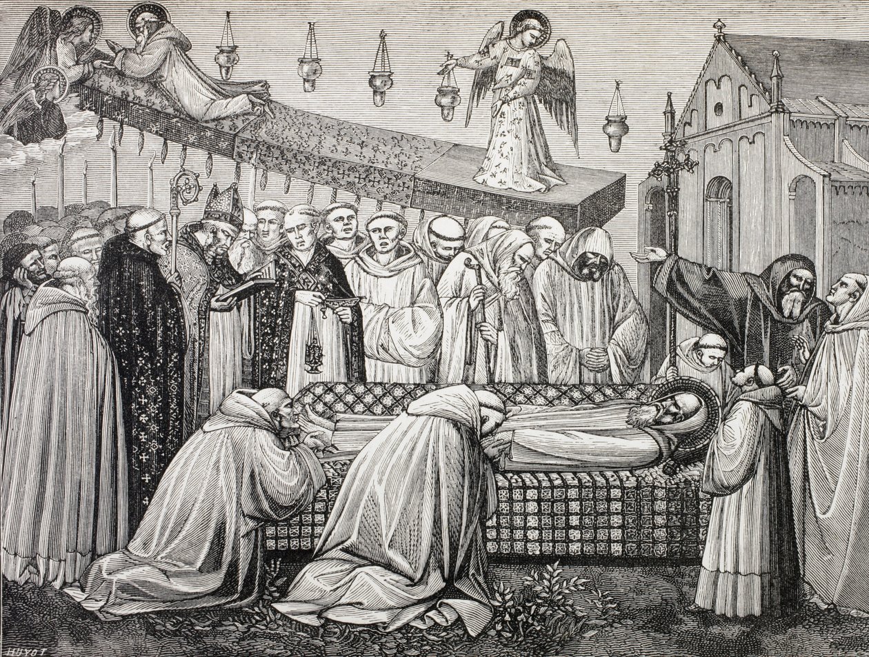 De dood van de heilige Benedictus van Nursia of San Benedetto Da Norcia, 480-547, in de abdij van Monte Cassino. door Paul Lacroix
