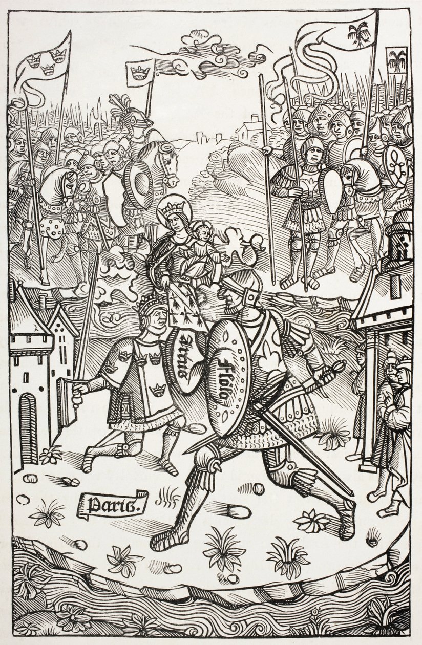 Koning Artus, of Arthur, beschermd door de Maagd, vechtend tegen een reus. Naar een houtsnede in Chroniques De Bretagne, door Alain Bouchard, uitgegeven in 1514. door Paul Lacroix