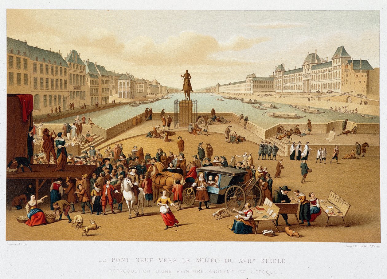 Le Pont Neuf halverwege de 17e eeuw, "17e eeuw - Instellingen: gebruiken en kostuums, Frankrijk 1590-1700" door Paul Lacroix door Paul Lacroix