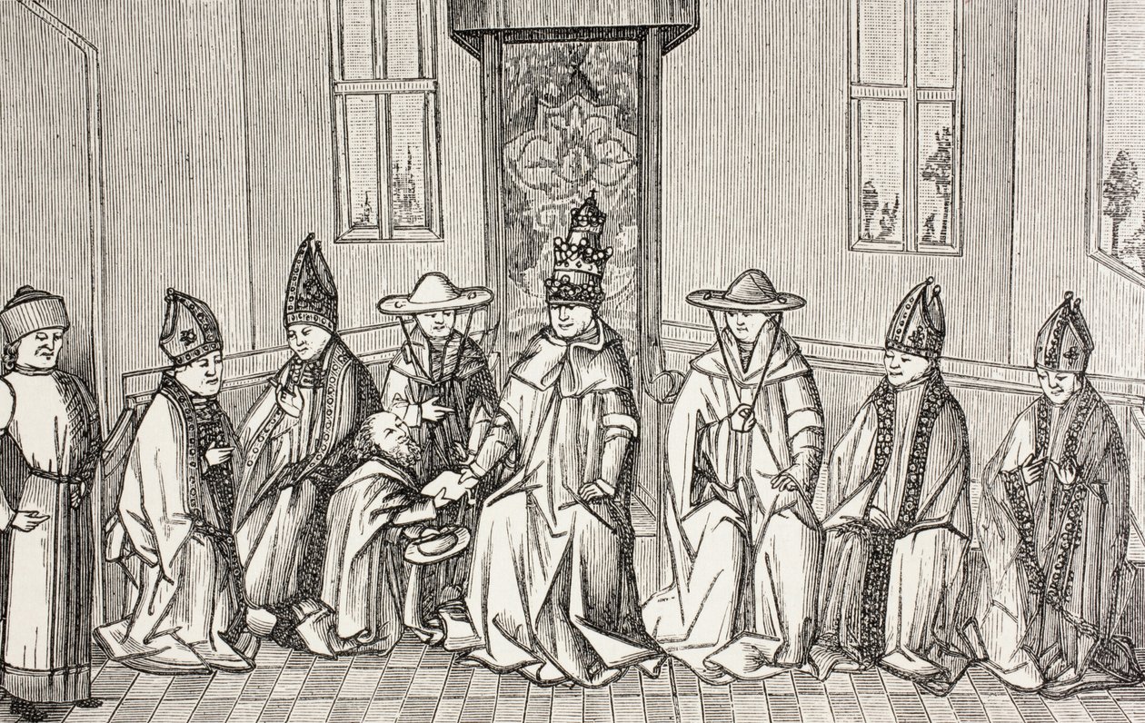 Petrus de Kluizenaar overhandigt de boodschap van Simeon, patriarch van Jeruzalem aan paus Urbanus Ii. door Paul Lacroix