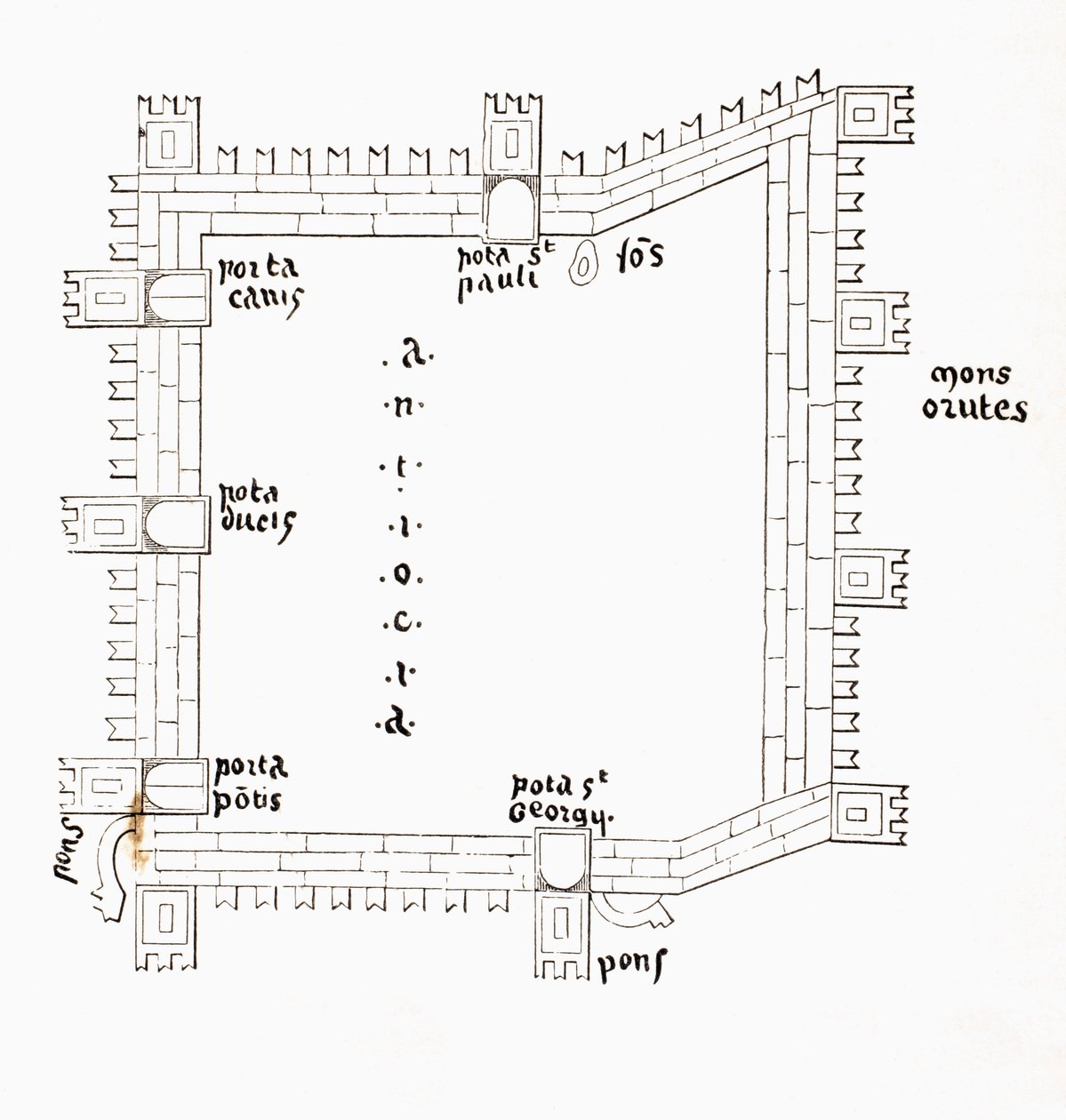 Plattegrond van Antiochië uit de 13e eeuw met de vijf poorten. Naar een 13e eeuws manuscript. door Paul Lacroix