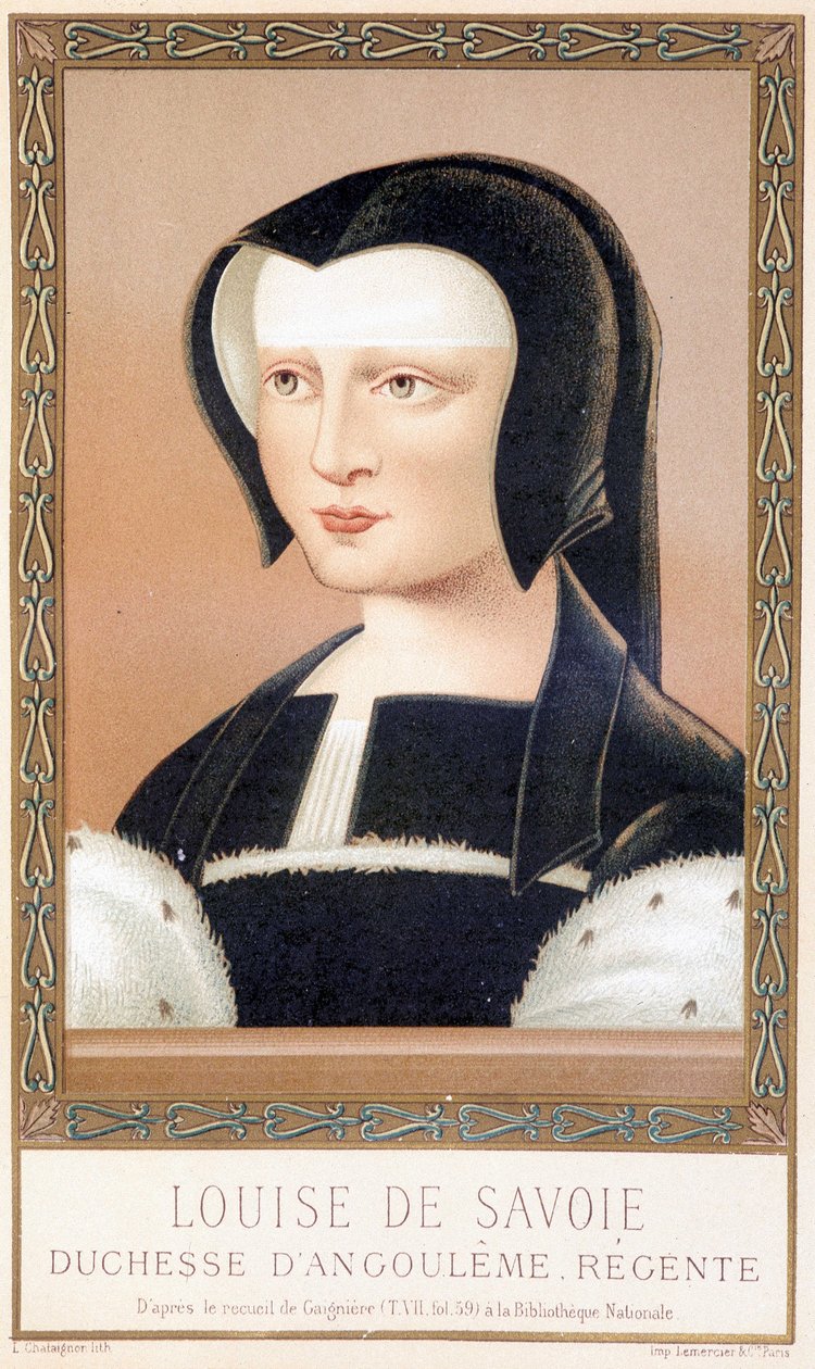 Portret van Louise de Savoie (1476-1531), Hertogin van Angoulême en Regentes van Frankrijk. Chromolithografie uit 