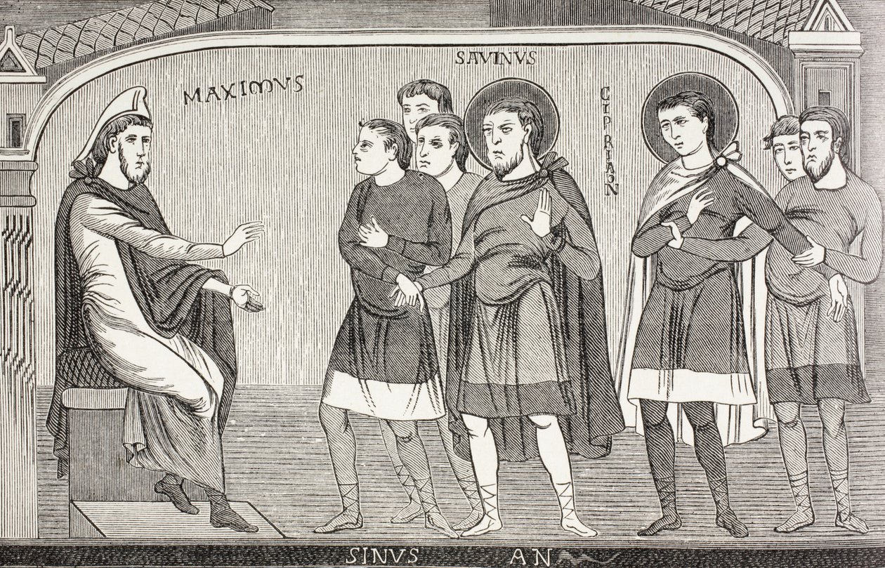 De heiligen Savin en Cyprianus bekennen aan proconsul Galerius Maximus dat ze christenen zijn. Naar een fresco uit de 11e eeuw in de kerk van St. Savin, Vienne, Frankrijk. door Paul Lacroix