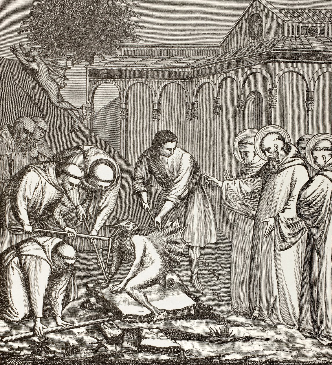 Sint Benedictus en de duivel. Toen Benedictus een kapel bouwde, zat de duivel op een steen en niemand kon hem bewegen totdat Benedictus de steen zegende. Toen vluchtte de duivel. door Paul Lacroix