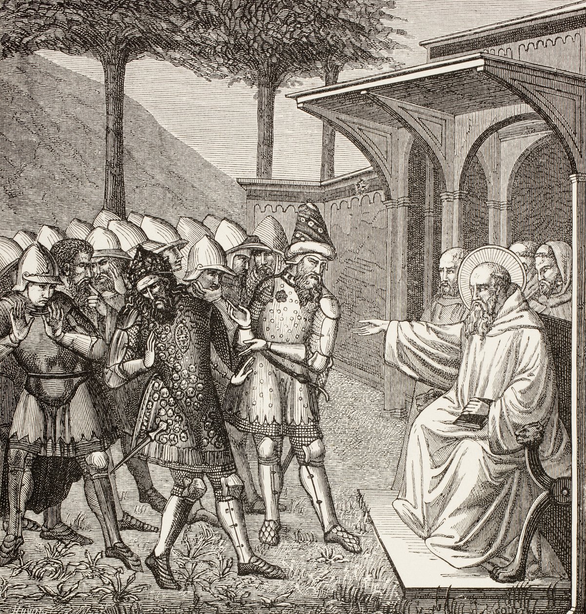Sint Benedictus van Nursia verwijt Baduila Aka Totila, koning van de Ostrogoten, dat hij hem heeft bedrogen en voorspelt zijn dood. door Paul Lacroix
