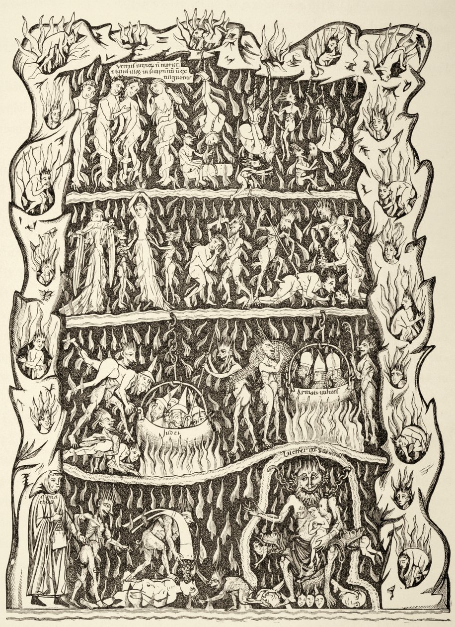 De kwellingen van de hel. Uit een miniatuur in een 12e eeuws manuscript, vernietigd na een brand in de bibliotheek van Strasburg tijdens een Pruisisch bombardement. door Paul Lacroix