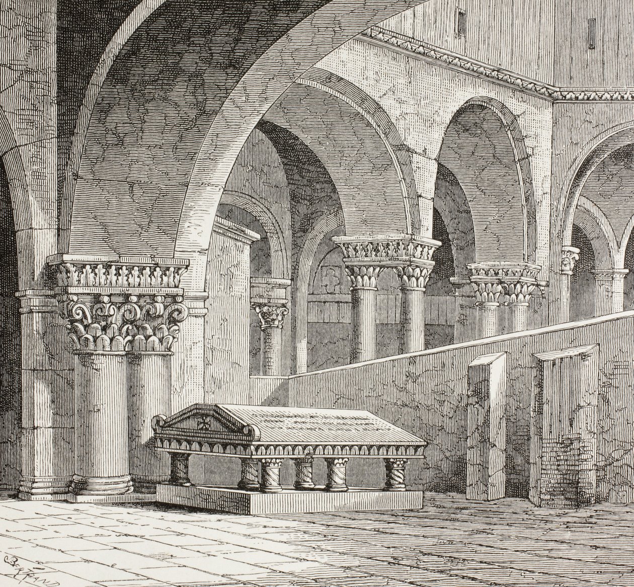 Graf van Godfried De Boullon, C 1060 - 1100, zoals het bestond in de kerk van het Heilig Graf, Jeruzalem. Het graf is nu vernietigd. Naar een tekening ter plaatse gemaakt in 1828. door Paul Lacroix