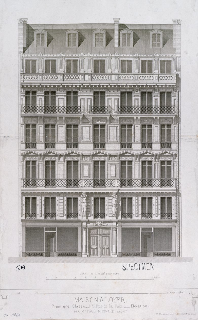 Ontwerp voor een flatgebouw in Haussmann-stijl in de rue de la Paix, Parijs, ca. 1860 door Paul Mesnard