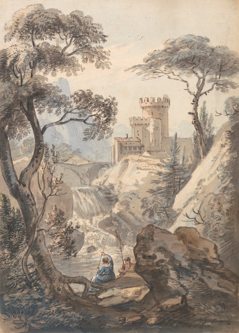 Italiaans landschap met kasteel, waterval en vissers door Paul Sandby