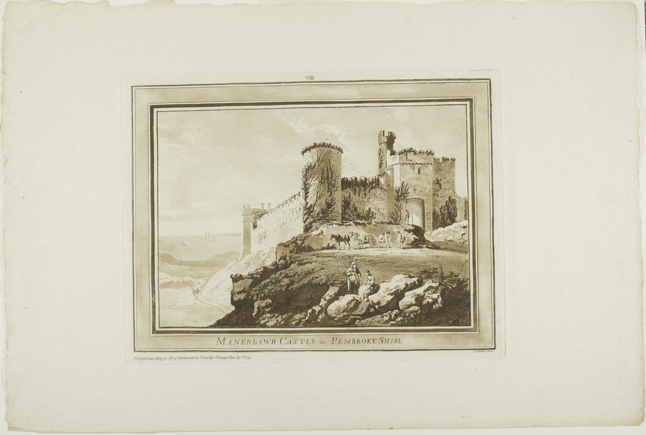 Manerbawr Kasteel in Pembroke Shire, uit Twaalf Zichten in Aquatinta van Tekeningen ter Plaatse Gemaakt in Zuid-Wales door Paul Sandby