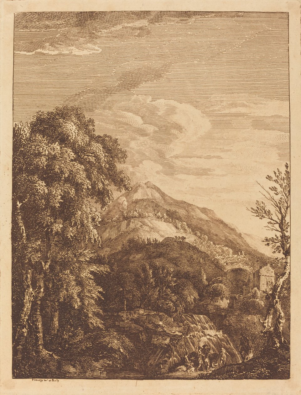Bergachtig landschap met een waterval, ronde toren, kasteel en bandieten door Paul Sandby