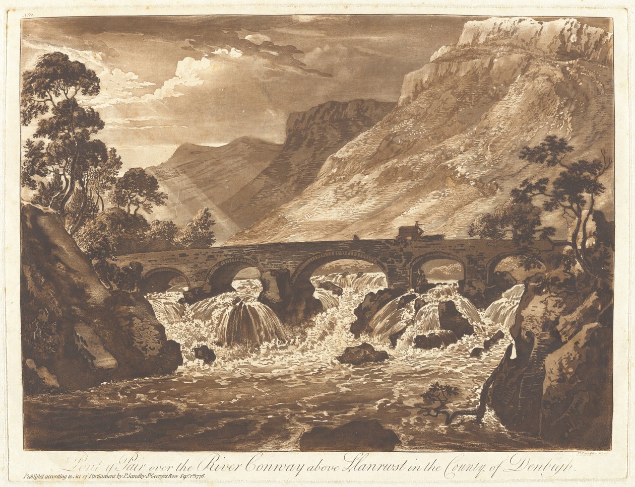 Pont-y-Pair over de rivier Conway boven Llanrwst in het graafschap Denbigh door Paul Sandby