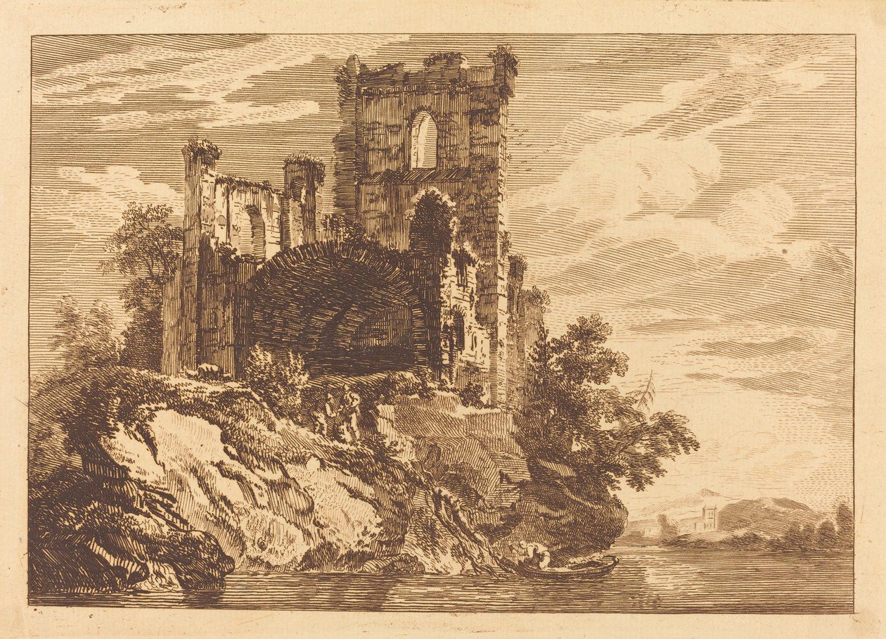 Ruïnes bij een Rivier met een Man in een Boot door Paul Sandby
