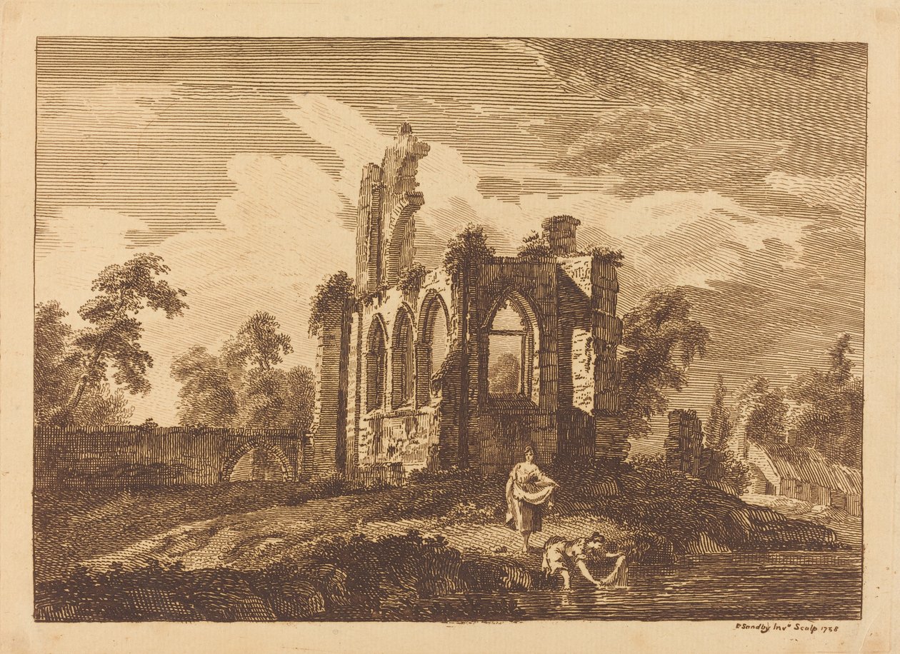 Ruïnes met twee vrouwen die kleren wassen in een rivier door Paul Sandby