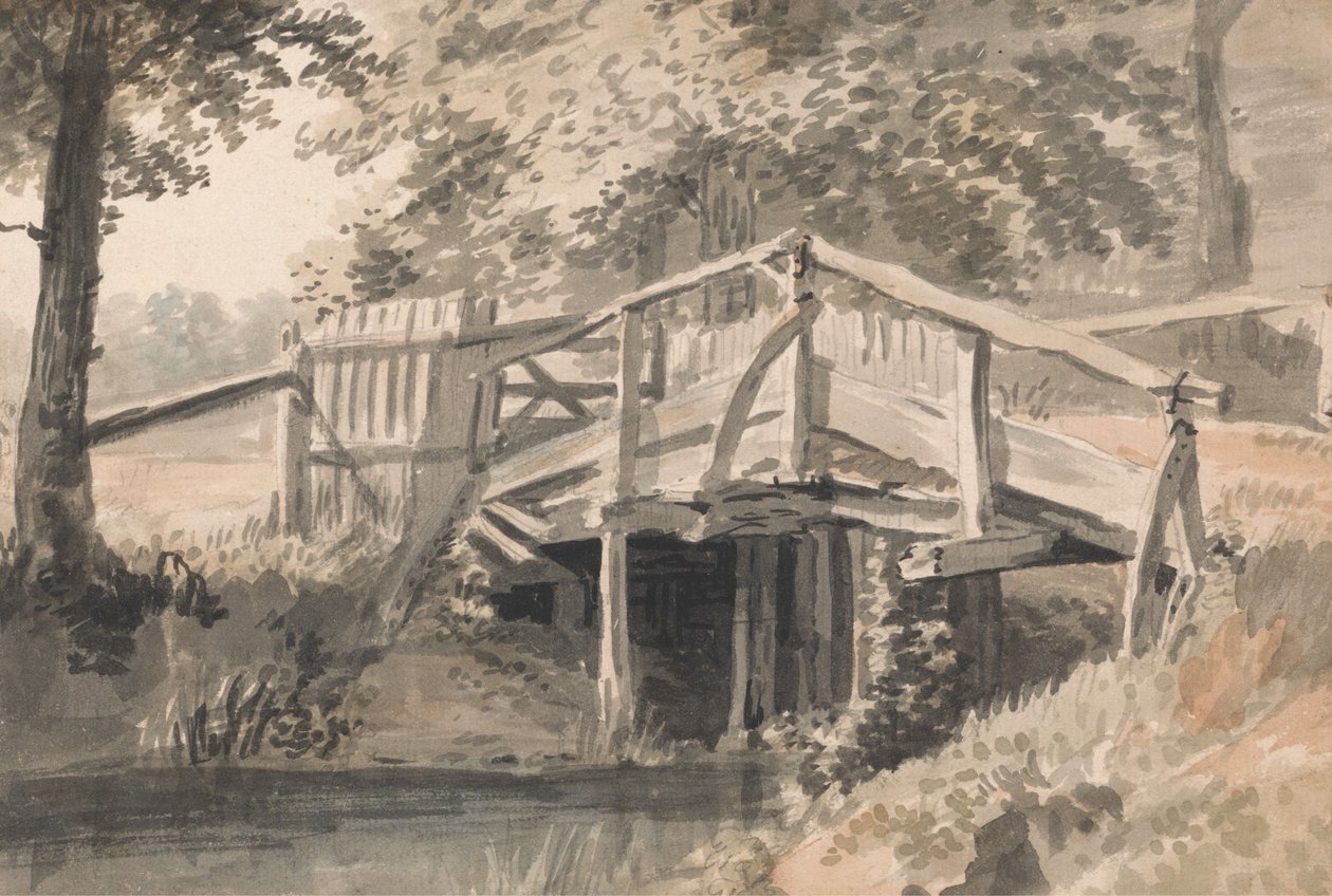 Beek en houten brug door Paul Sandby