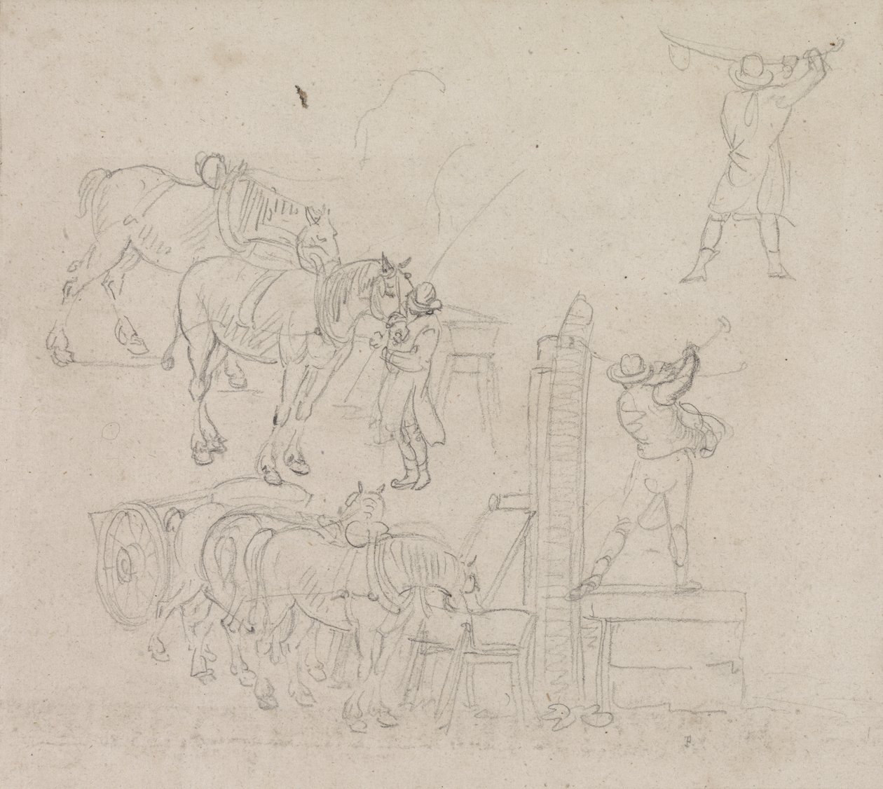 Studies van een voerman die water pompt voor zijn paarden door Paul Sandby