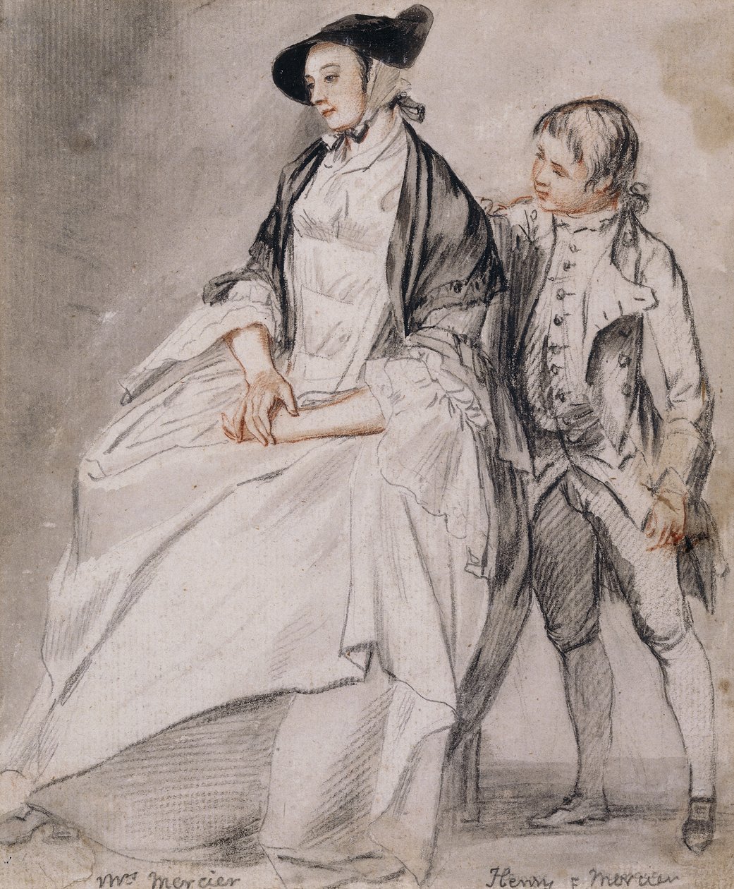 Studie van mevrouw Mercier zittend in een stoel, en haar jongste zoon, Henry Mercier, staand achter haar door Paul Sandby