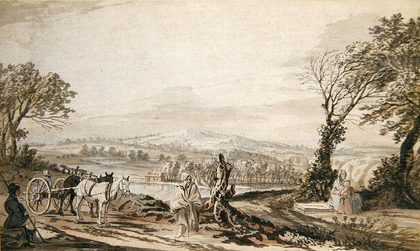 Reizigers rusten uit langs een weg boven een rivierdal door Paul Sandby