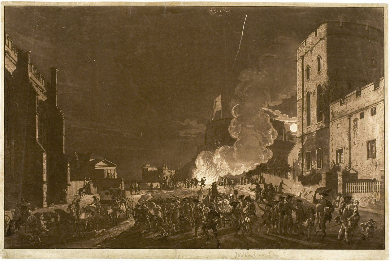 Windsor Castle vanuit de lagere binnenplaats op vijf november—Vuurwerk door Paul Sandby