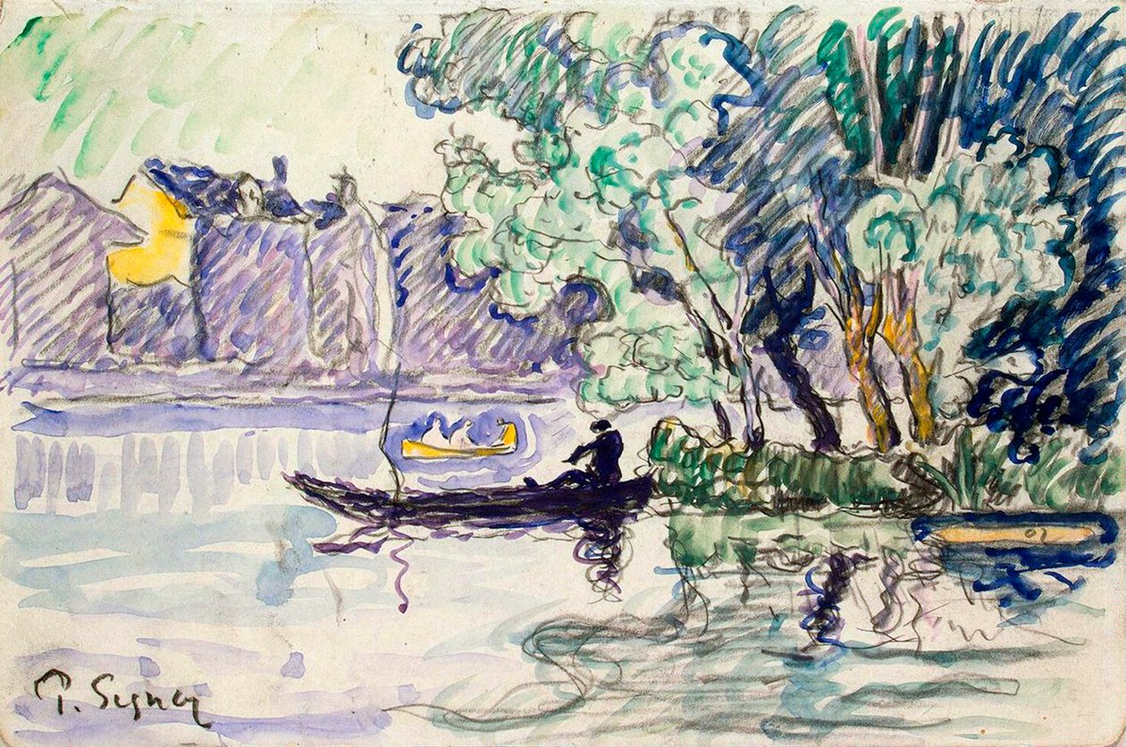 Visser in een boot nabij een oever van de Seine, ca. 1900 door Paul Signac