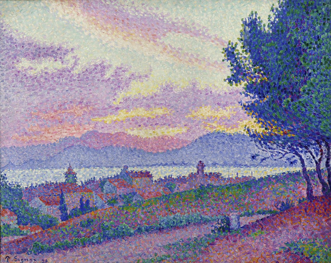 Uitzicht op Saint-Tropez, zonsondergang in het dennenbos door Paul Signac