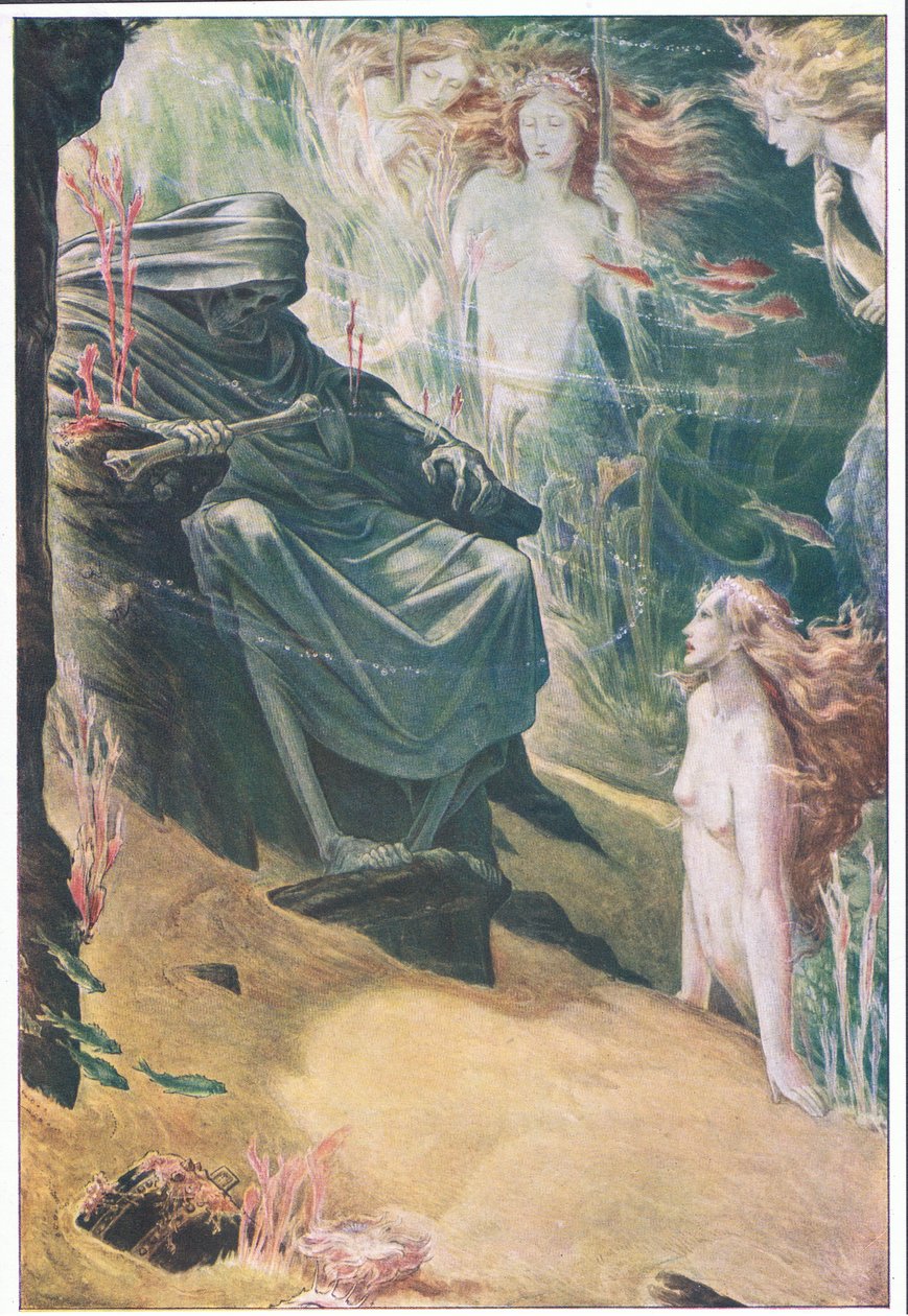 Volle vijf vadems ligt je vader: van zijn botten zijn koraal gemaakt, illustratie uit De Storm, 1908 door Paul Vincent Woodroffe