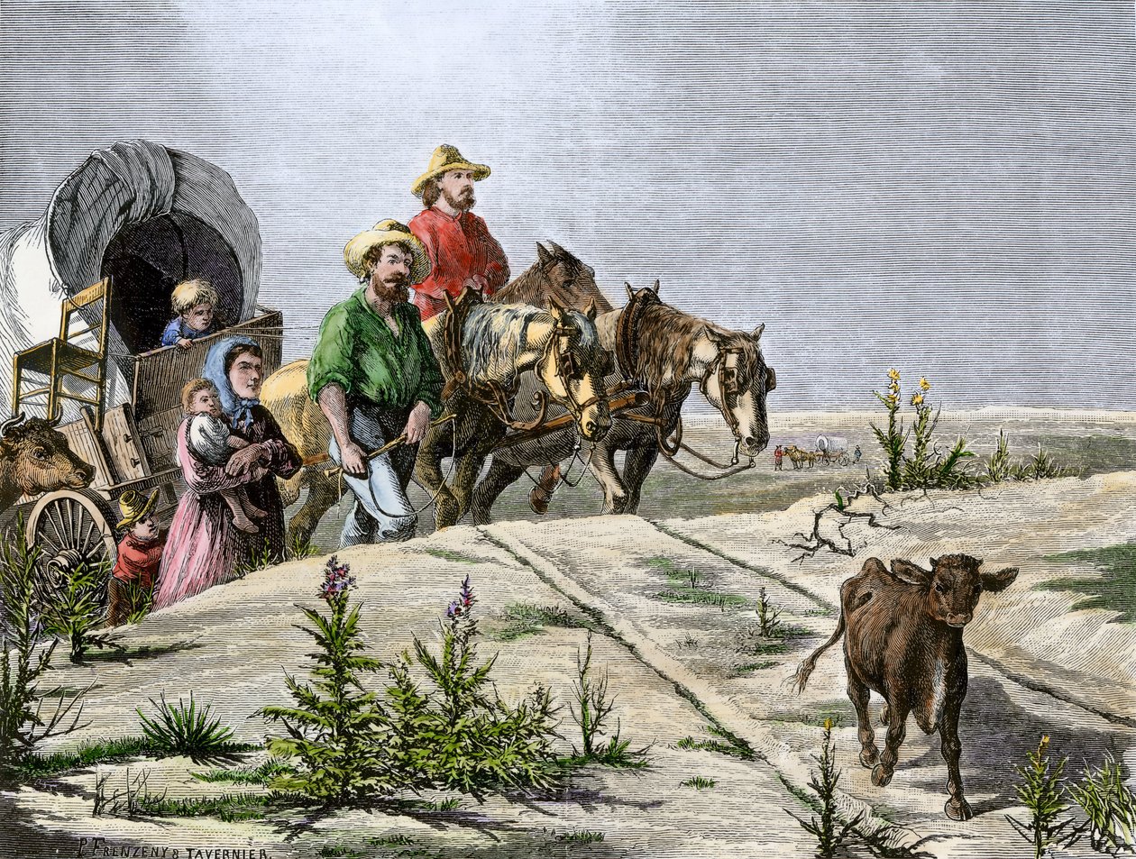 Geschiedenis van de kolonisten van West Conquete: Amerikaanse pioniers. "Arkansas pelerins" een familie doorkruist de Great Plains in een diligence. Kleurrijke gravure uit de 19e eeuw. door Paul and Tavernier Jules (1844-99) Frenzeny
