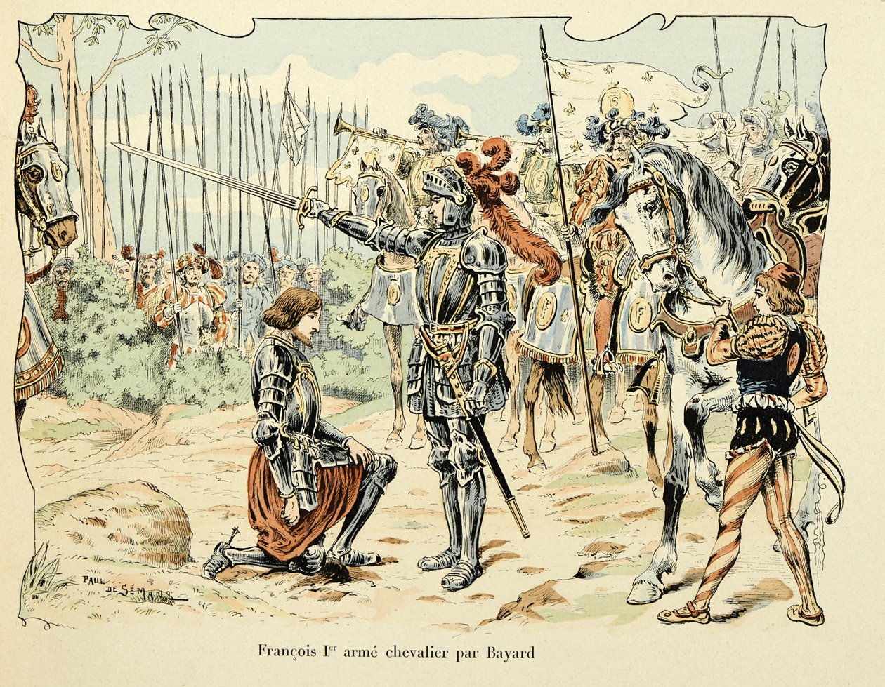 Illustratie uit het boek Histoire du chevalier Bayard door Theodore Cahu, geïllustreerd door Paul De Semant: Francois I, ridder geslagen door Bayard 1515 door Paul de Semant