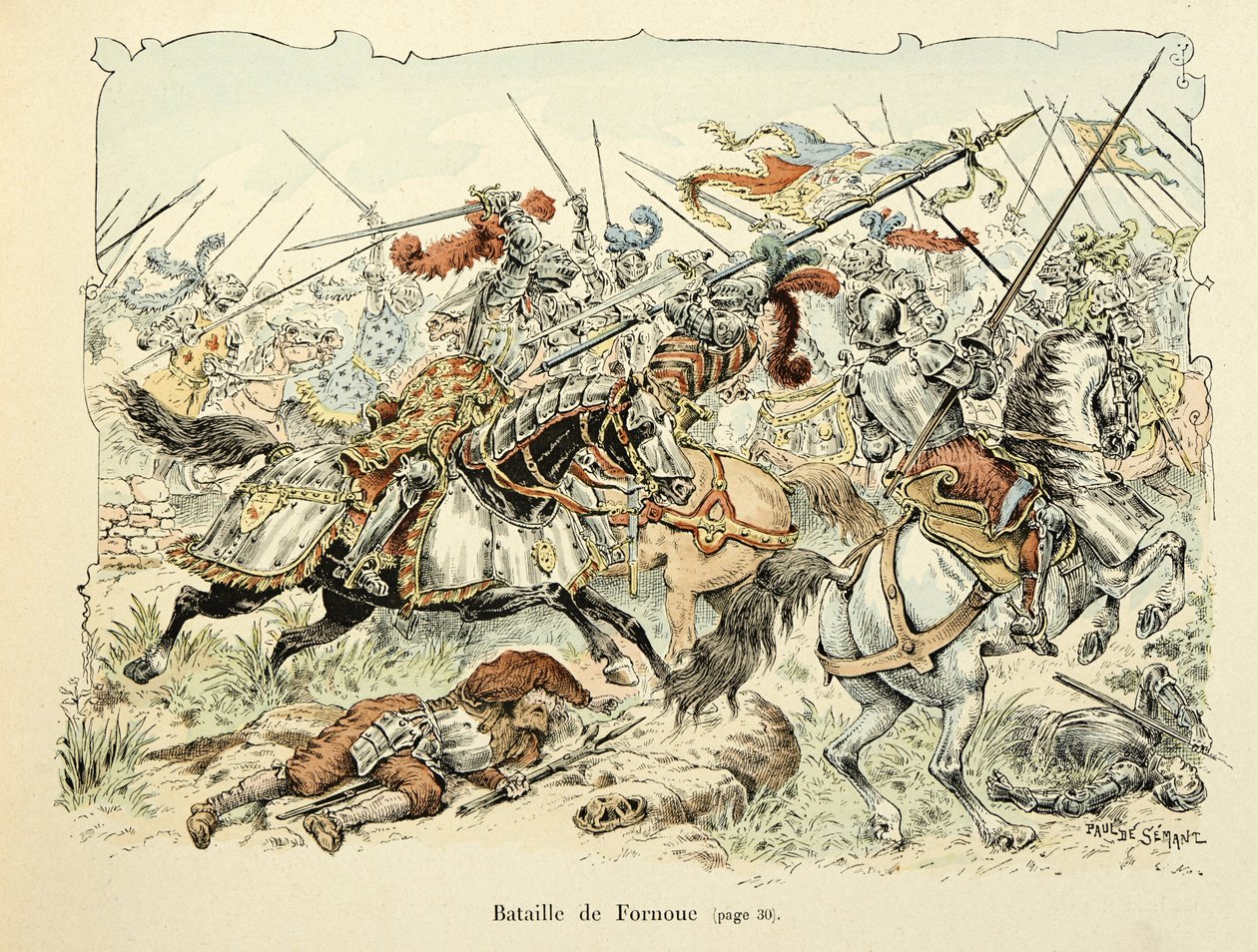 Illustratie uit het boek Histoire du chevalier Bayard door Theodore Cahu, geïllustreerd door Paul De Semant: Slag bij Fornoua 1495 door Paul de Semant