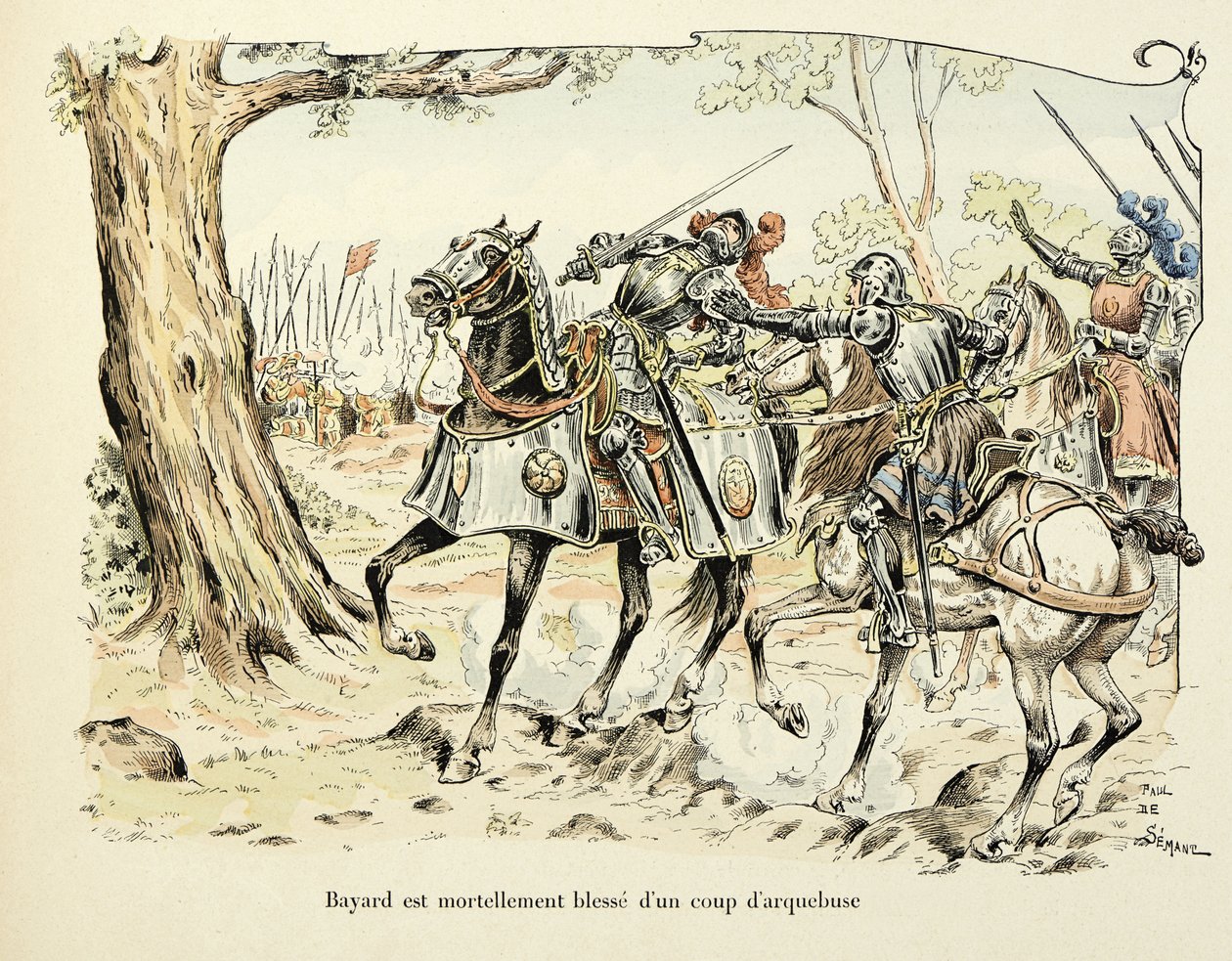 Illustratie uit het boek Histoire du chevalier Bayard door Theodore Cahu, geïllustreerd door Paul De Semant: Bayard verwondt dodelijk met een schot van een haakbus 1524 door Paul de Semant