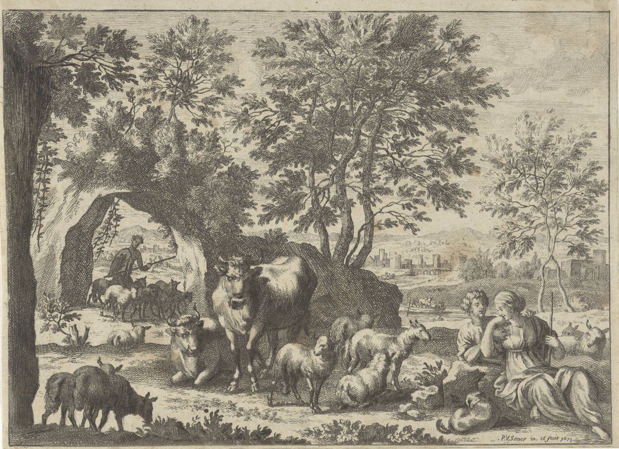Herder en herderin bij een kudde door Paul van Somer (II)