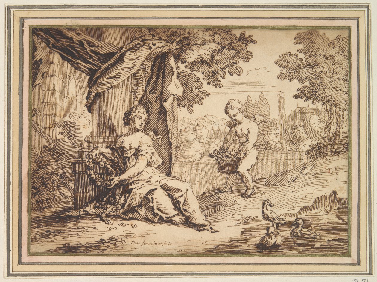 Vrouwen zittend onder pilaar met putto door Paul van Somer