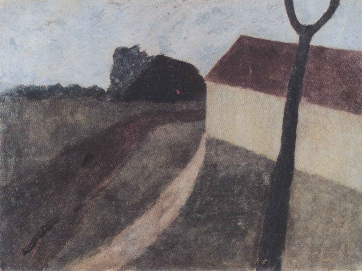 Schemerlandschap met huis en takvork door Paula Modersohn Becker