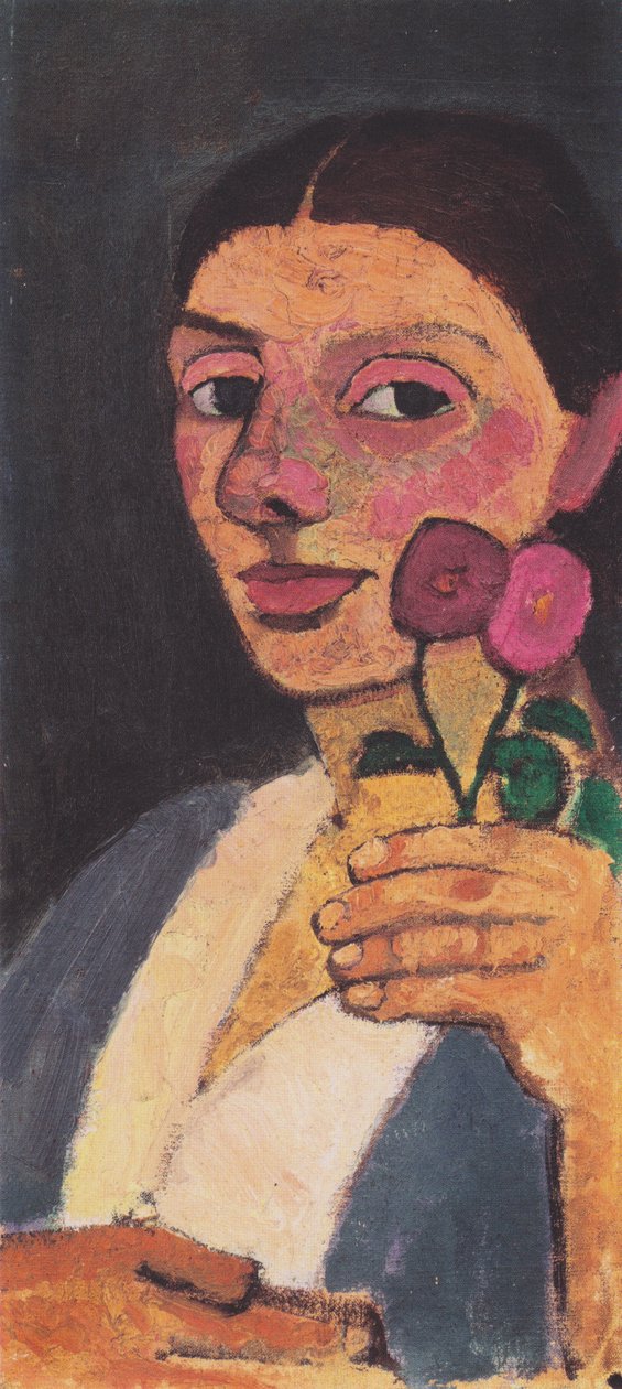 Zelfportret met twee bloemen in de opgeheven linkerhand door Paula Modersohn Becker